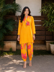 Mustard Yellow Floral Printed Muslin Co-Ord Set with Mirror & Tassel Details