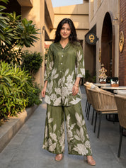 Olive Green Floral Printed Russian Silk Co-Ord Set with Shell Button Embellishments