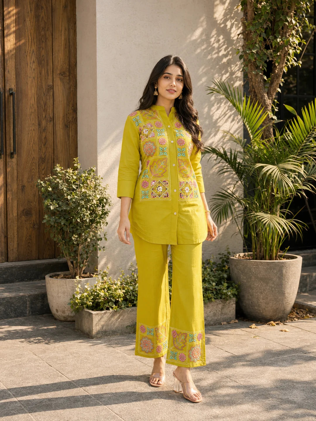 Mustard Yellow Multi-Thread Embroidered Viscose Silk Co-Ord Set