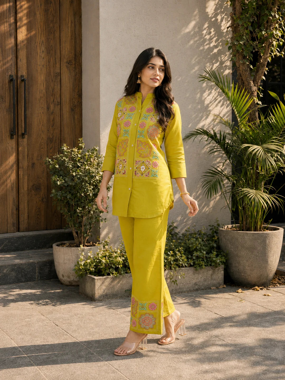 Mustard Yellow Multi-Thread Embroidered Viscose Silk Co-Ord Set