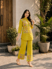 Mustard Yellow Multi-Thread Embroidered Viscose Silk Co-Ord Set
