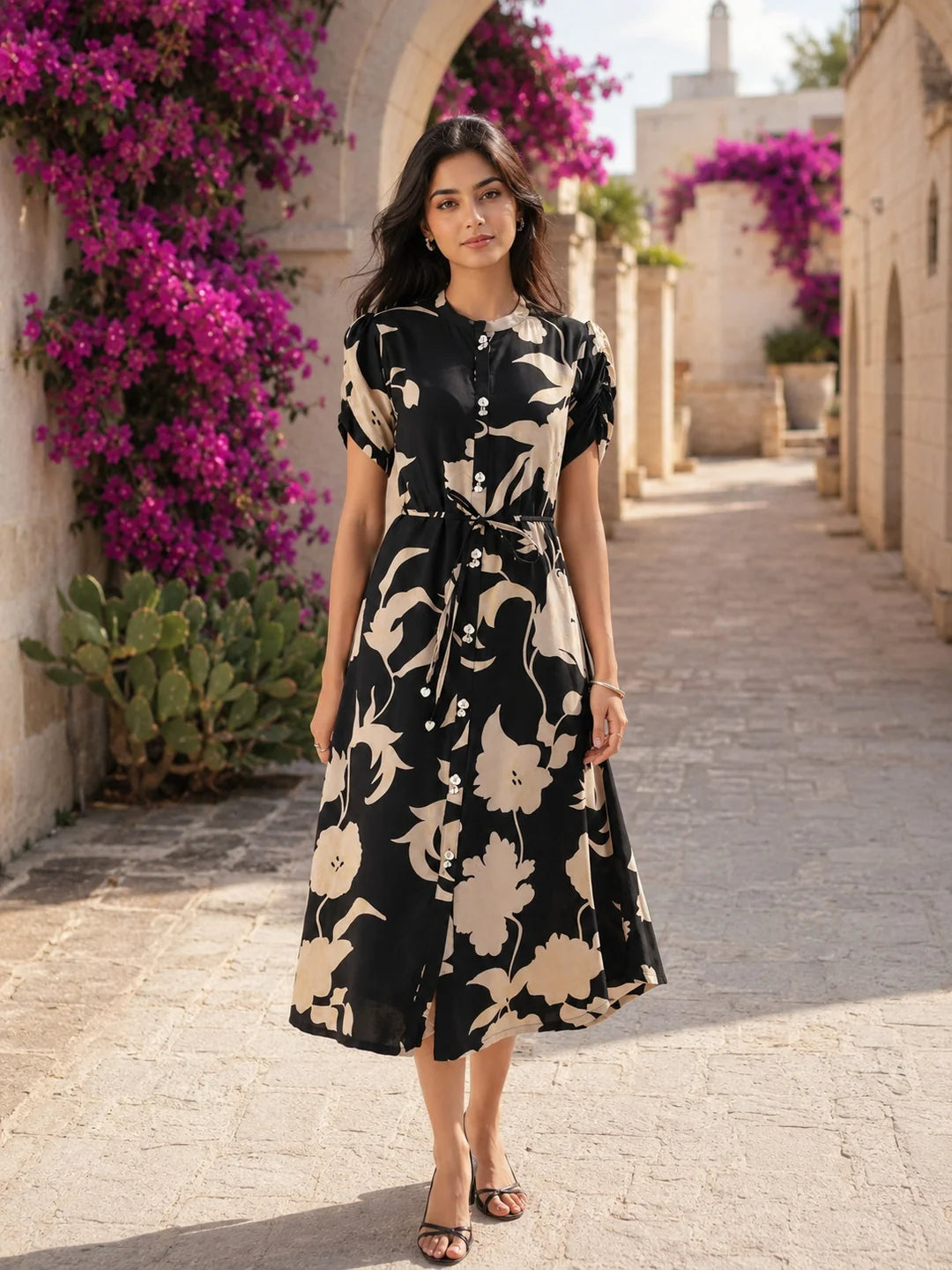 Black & Cream Abstract Floral Midi Dress in Russian Silk