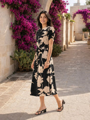 Black & Cream Abstract Floral Midi Dress in Russian Silk
