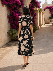 Black & Cream Abstract Floral Midi Dress in Russian Silk