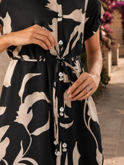 Black & Cream Abstract Floral Midi Dress in Russian Silk