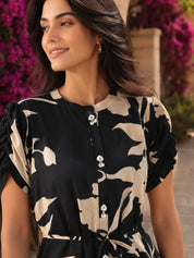 Black & Cream Abstract Floral Midi Dress in Russian Silk