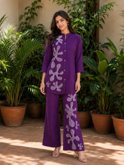 Purple White Thread Embroidered Viscose Silk Co-Ord Set
