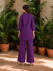 Purple White Thread Embroidered Viscose Silk Co-Ord Set