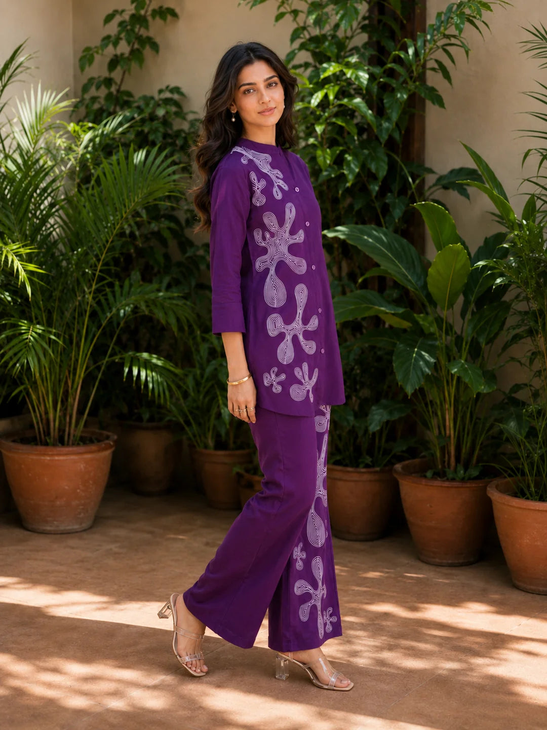 Purple White Thread Embroidered Viscose Silk Co-Ord Set