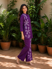 Purple White Thread Embroidered Viscose Silk Co-Ord Set