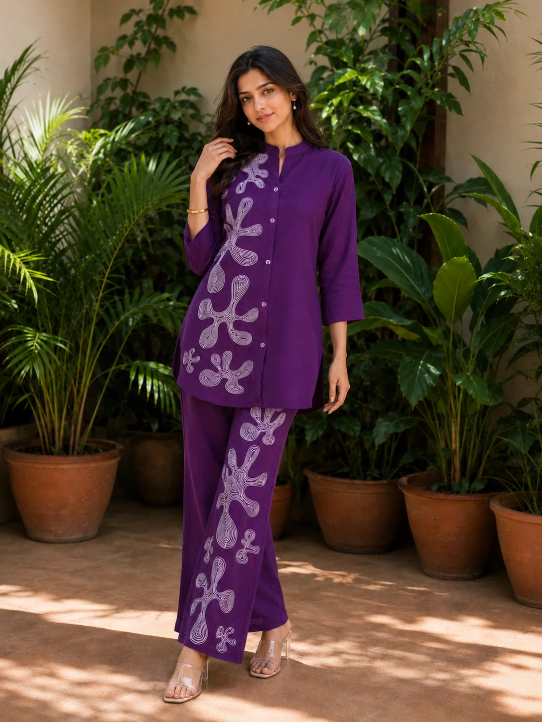 Purple White Thread Embroidered Viscose Silk Co-Ord Set