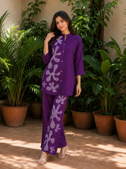 Purple White Thread Embroidered Viscose Silk Co-Ord Set