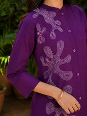 Purple White Thread Embroidered Viscose Silk Co-Ord Set