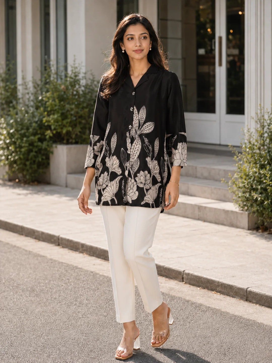 Black & Cream Notch Collar Printed Tunic