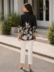 Black & Cream Notch Collar Printed Tunic