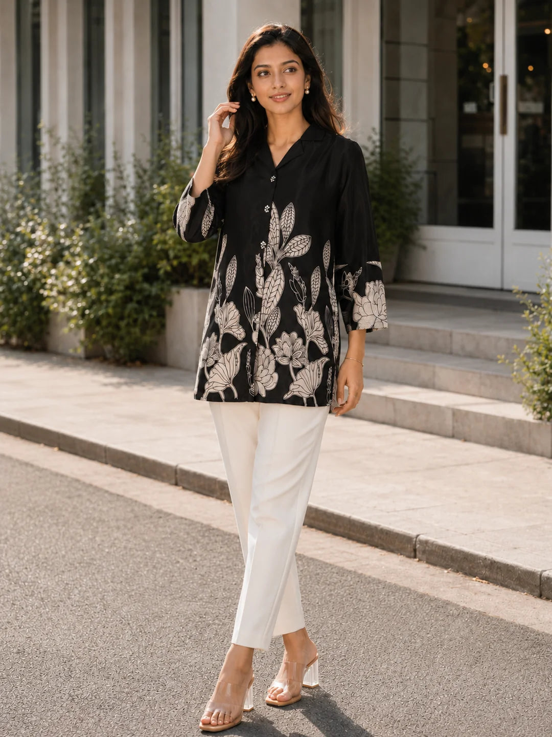 Black & Cream Notch Collar Printed Tunic