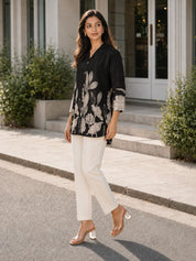 Black & Cream Notch Collar Printed Tunic