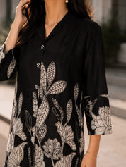 Black & Cream Notch Collar Printed Tunic