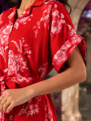 Cherry Red & Pink Floral Belted Midi Dress in Russian Silk