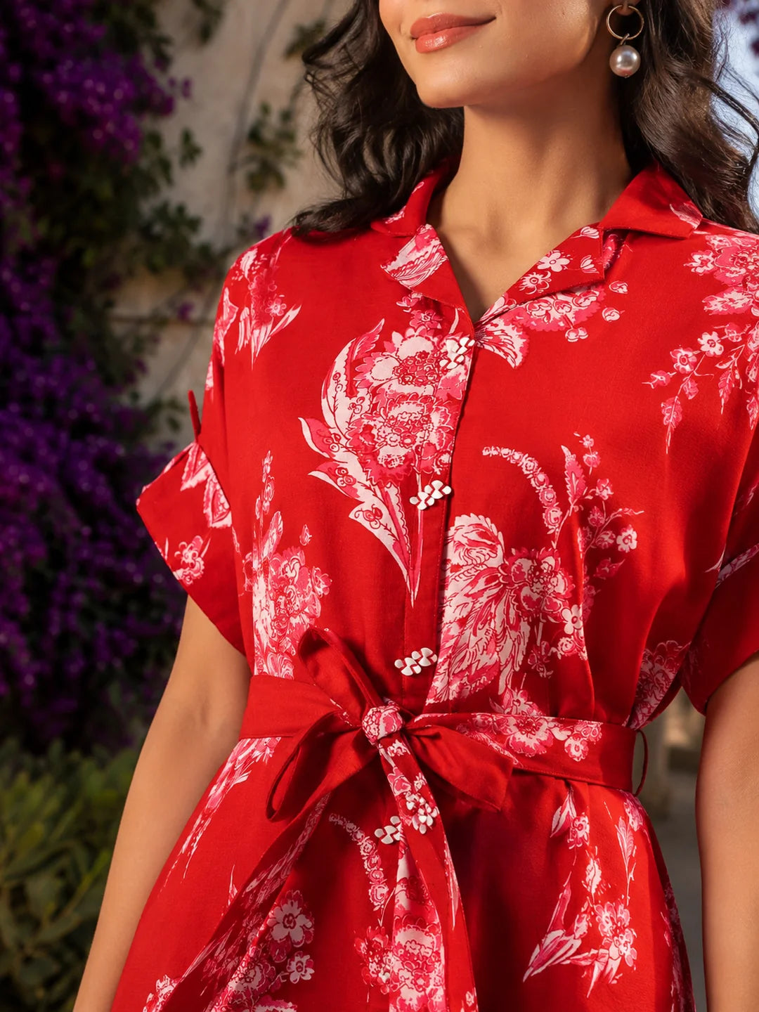 Cherry Red & Pink Floral Belted Midi Dress in Russian Silk