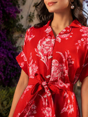 Cherry Red & Pink Floral Belted Midi Dress in Russian Silk