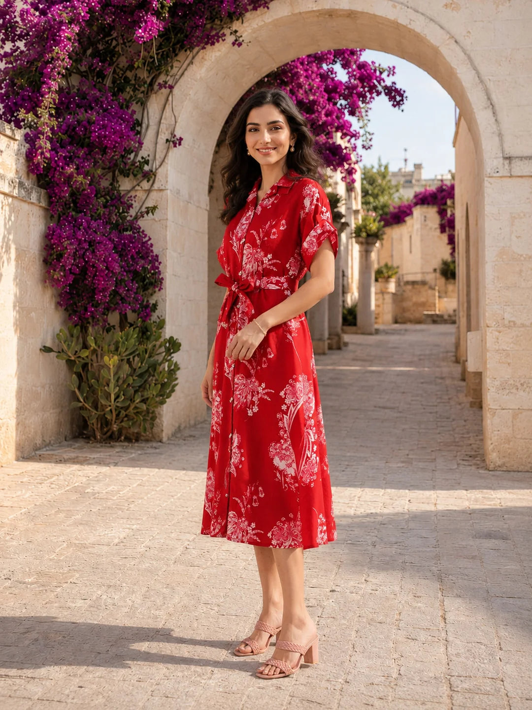 Cherry Red & Pink Floral Belted Midi Dress in Russian Silk