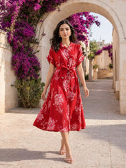 Cherry Red & Pink Floral Belted Midi Dress in Russian Silk