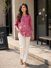 Pink Lapel Collar Printed Tunic