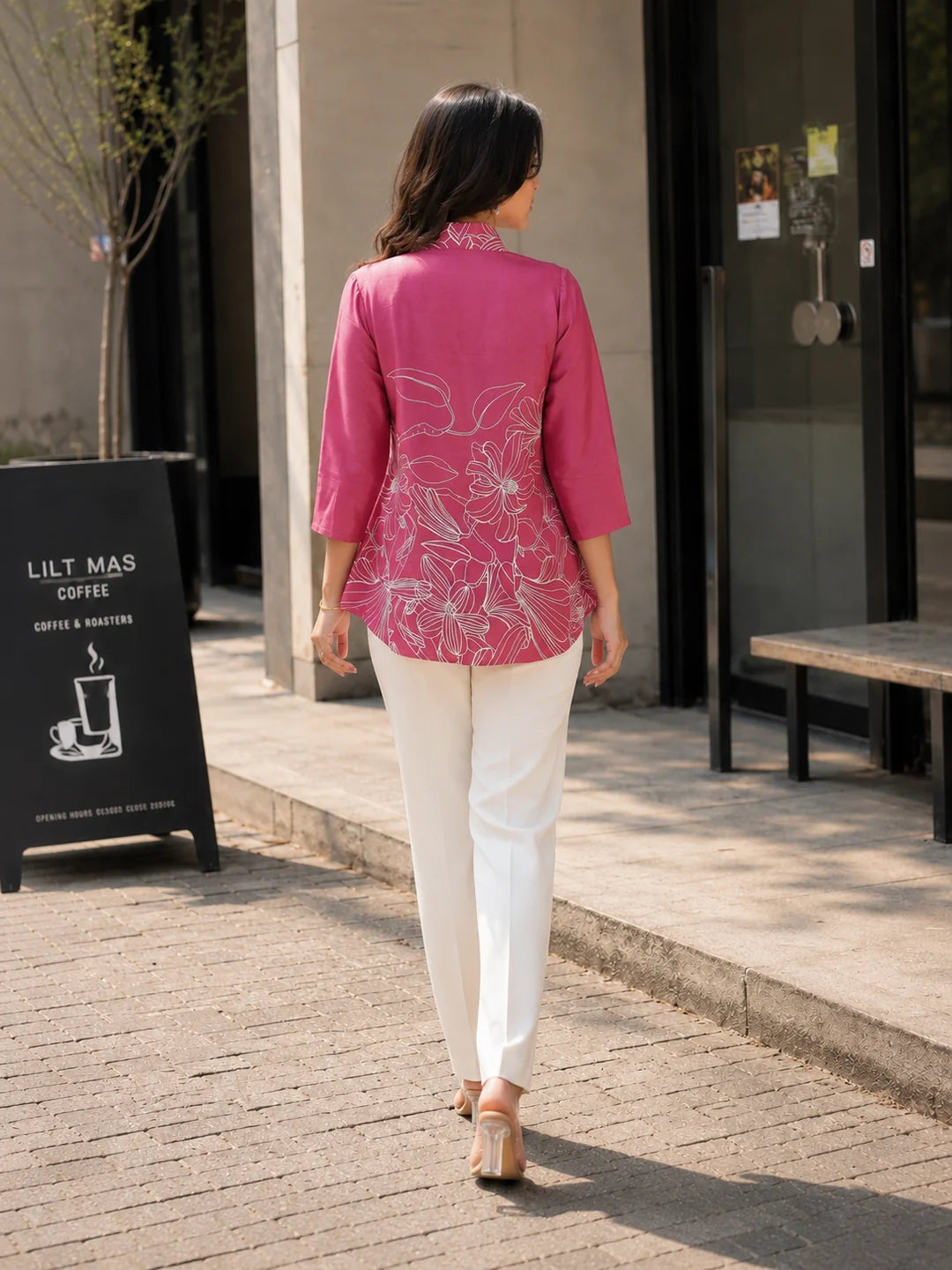 Pink Lapel Collar Printed Tunic