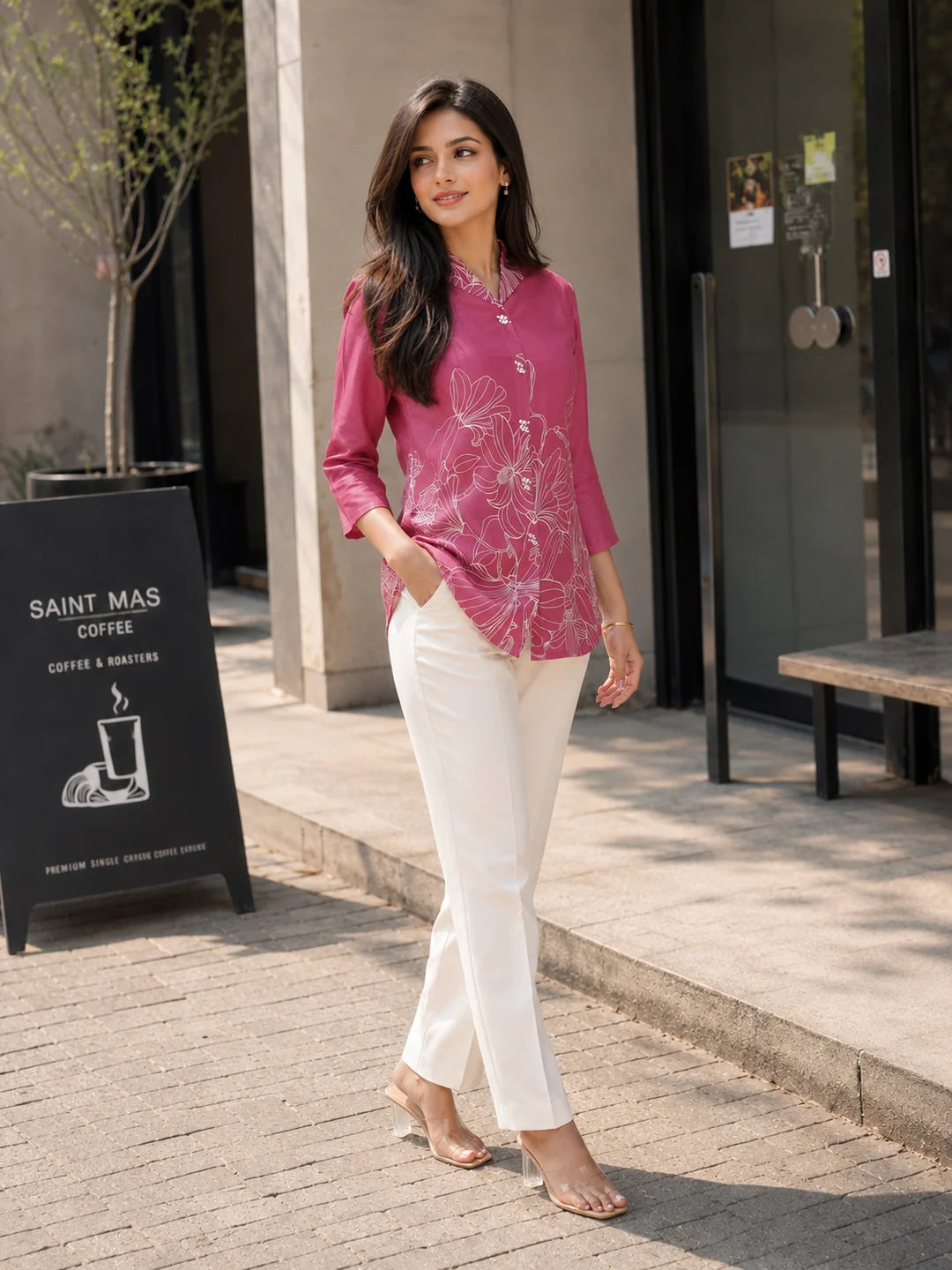 Pink Lapel Collar Printed Tunic