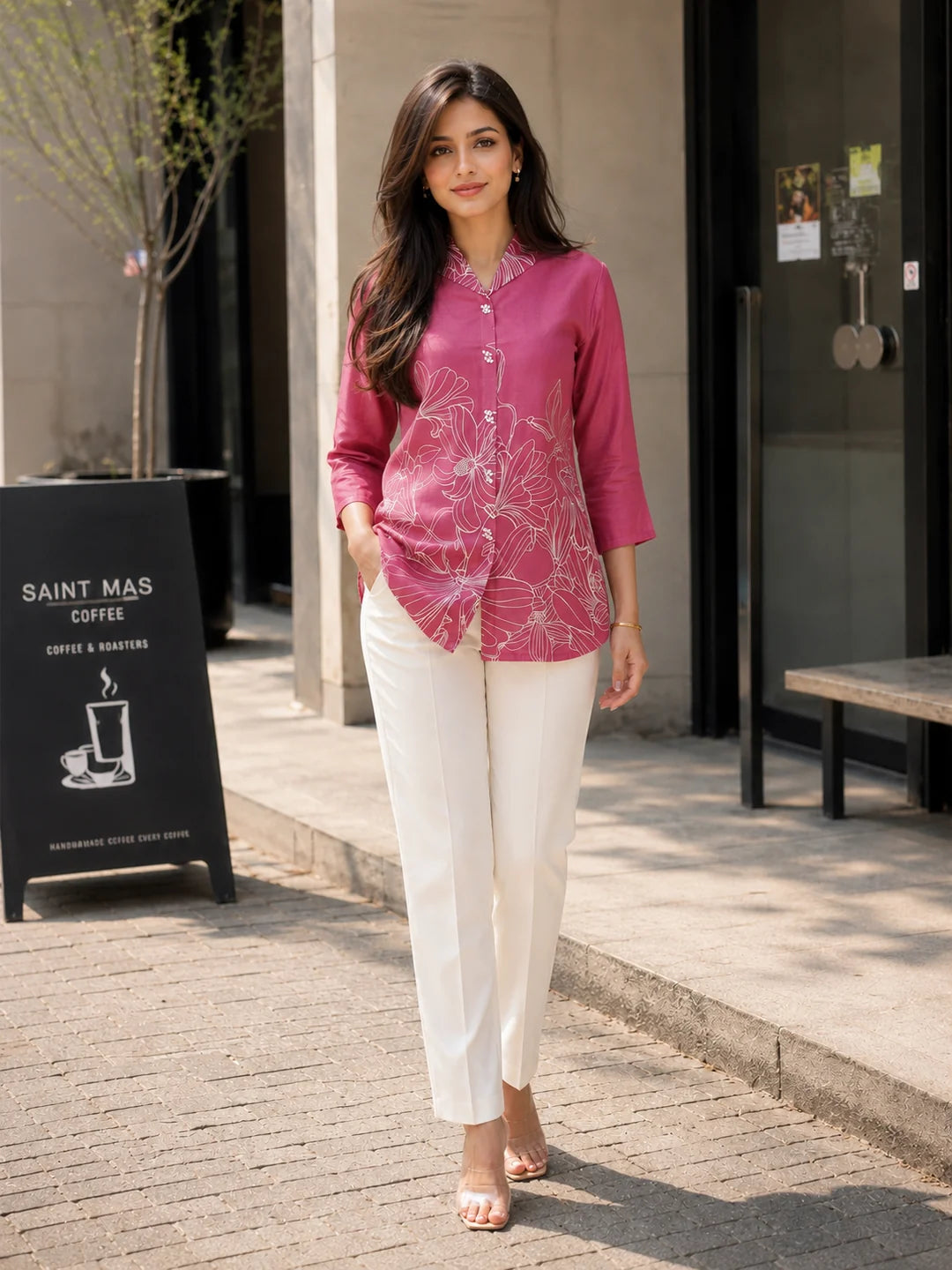 Pink Lapel Collar Printed Tunic