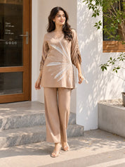 Tan & Cream Embroidered Sequin Co-Ord Set