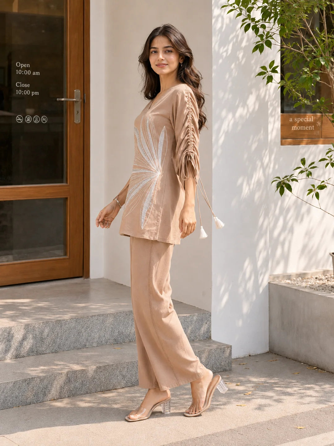 Tan & Cream Embroidered Sequin Co-Ord Set