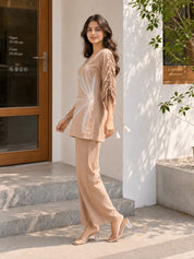 Tan & Cream Embroidered Sequin Co-Ord Set