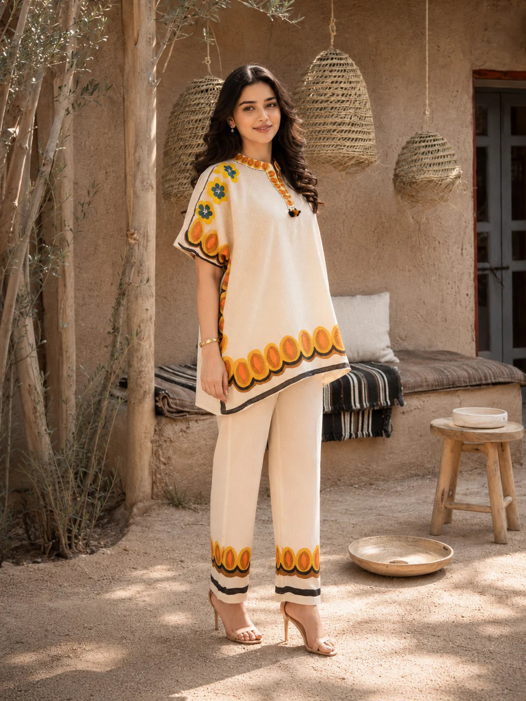 Hand-Painted Embroidered Cotton Kaftan Co-Ord Set with Tassel Detailing