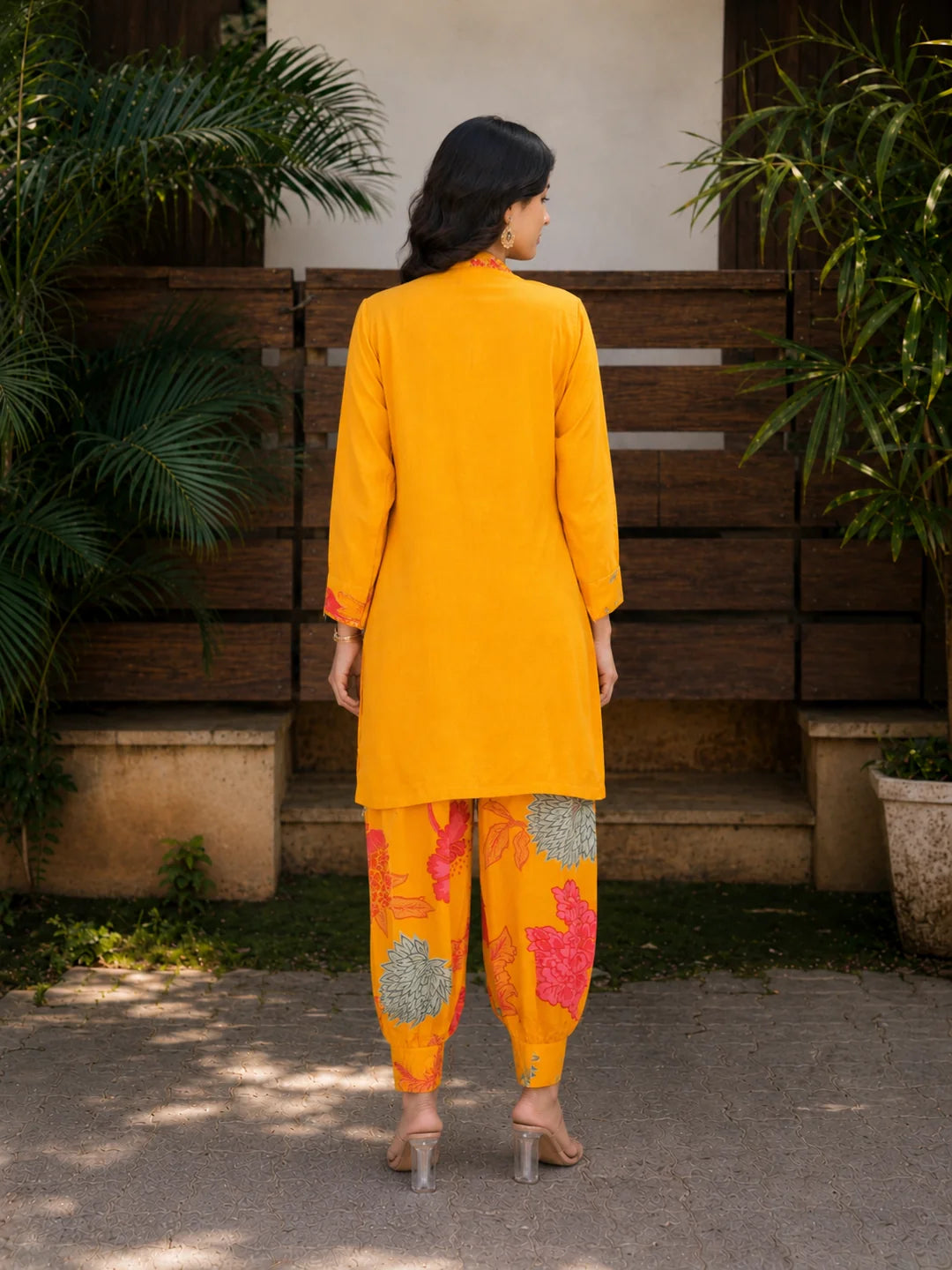 Mustard Yellow Floral Printed Muslin Co-Ord Set with Mirror & Tassel Details