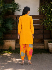 Mustard Yellow Floral Printed Muslin Co-Ord Set with Mirror & Tassel Details