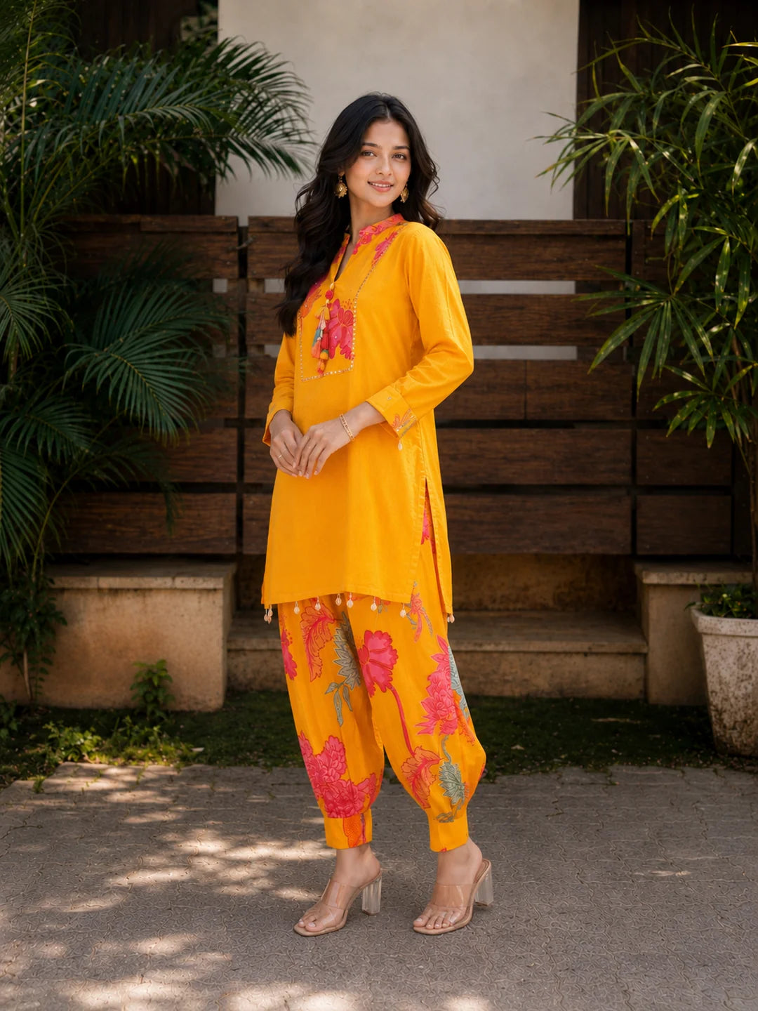 Mustard Yellow Floral Printed Muslin Co-Ord Set with Mirror & Tassel Details
