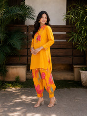 Mustard Yellow Floral Printed Muslin Co-Ord Set with Mirror & Tassel Details