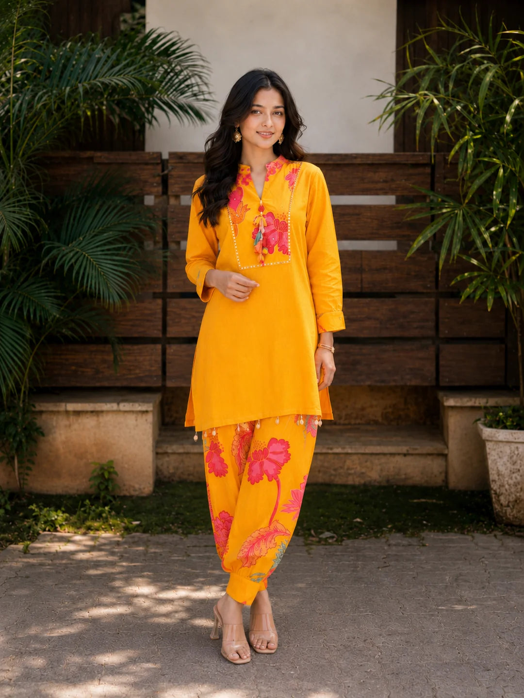 Mustard Yellow Floral Printed Muslin Co-Ord Set with Mirror & Tassel Details