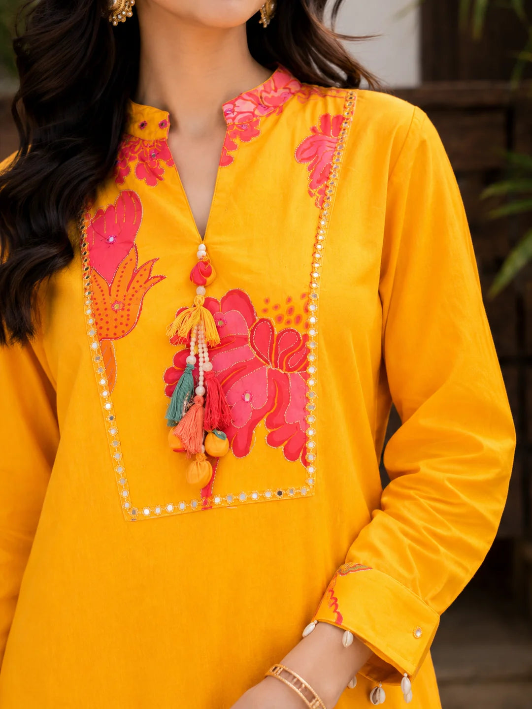 Mustard Yellow Floral Printed Muslin Co-Ord Set with Mirror & Tassel Details