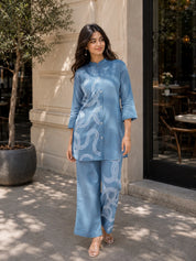 Powder Blue Base White Thread Embroidered Viscose Silk Co-Ord Set