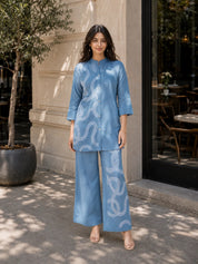 Powder Blue Base White Thread Embroidered Viscose Silk Co-Ord Set