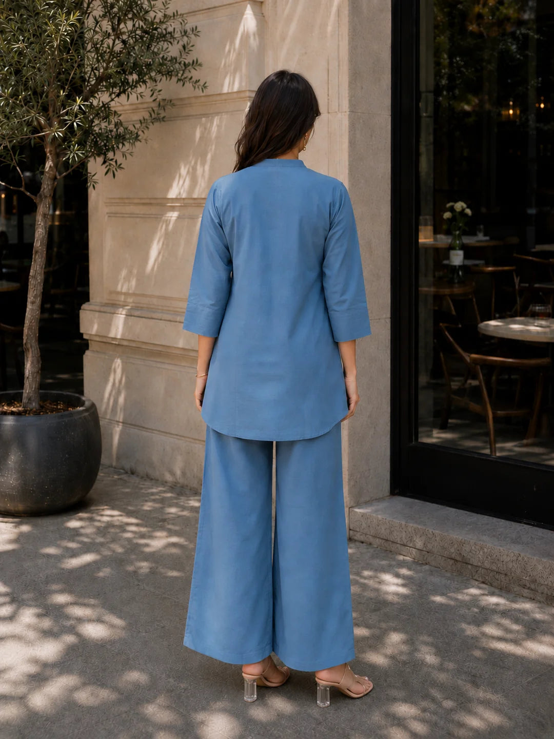 Powder Blue Base White Thread Embroidered Viscose Silk Co-Ord Set
