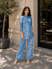 Powder Blue Base White Thread Embroidered Viscose Silk Co-Ord Set