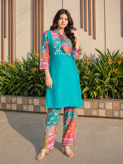 Sea Green Muslin Co-Ord Set with Lurex Thread Work & Copper Coin Tassel Details