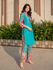 Sea Green Muslin Co-Ord Set with Lurex Thread Work & Copper Coin Tassel Details