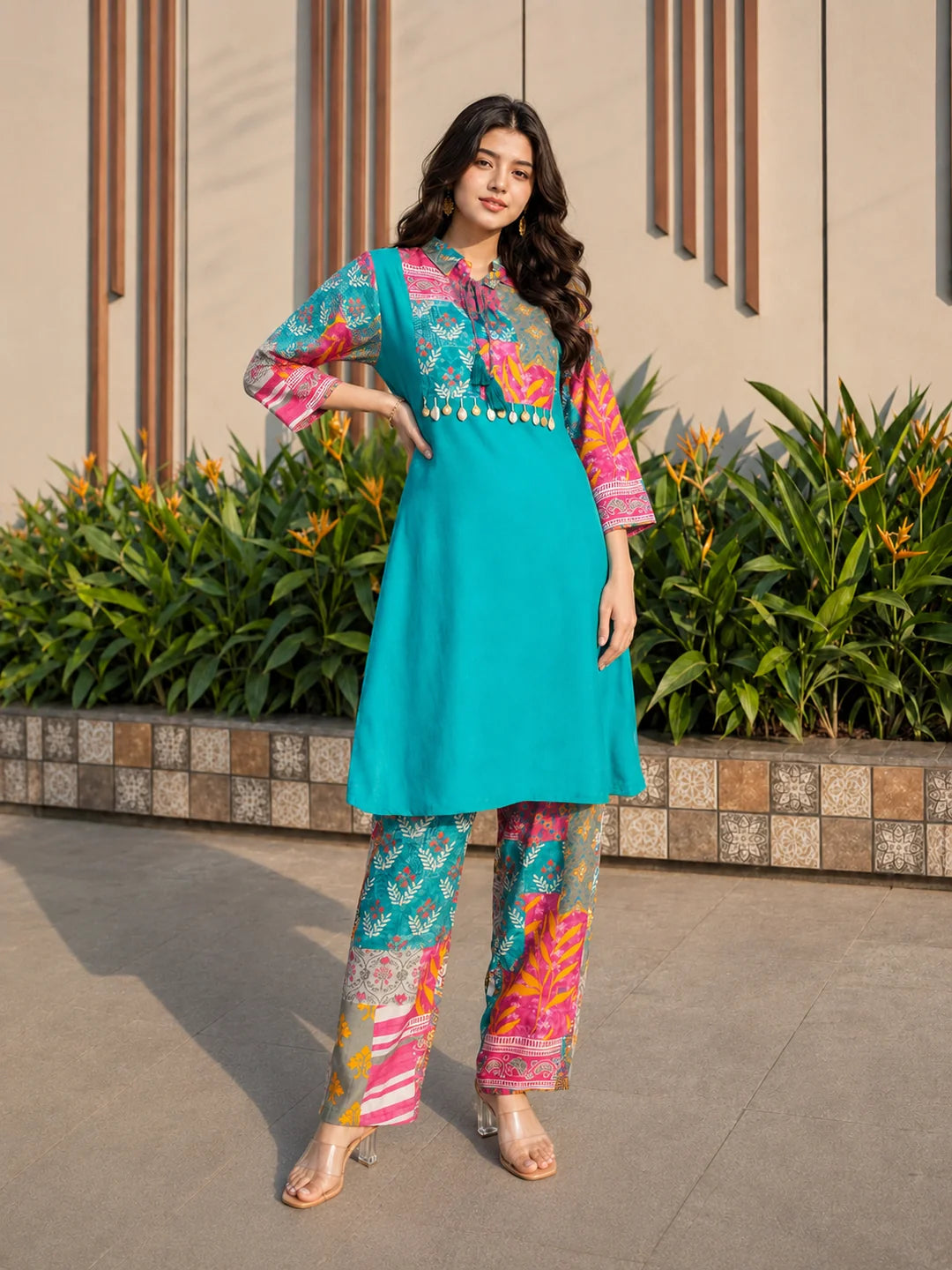 Sea Green Muslin Co-Ord Set with Lurex Thread Work & Copper Coin Tassel Details