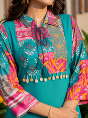 Sea Green Muslin Co-Ord Set with Lurex Thread Work & Copper Coin Tassel Details