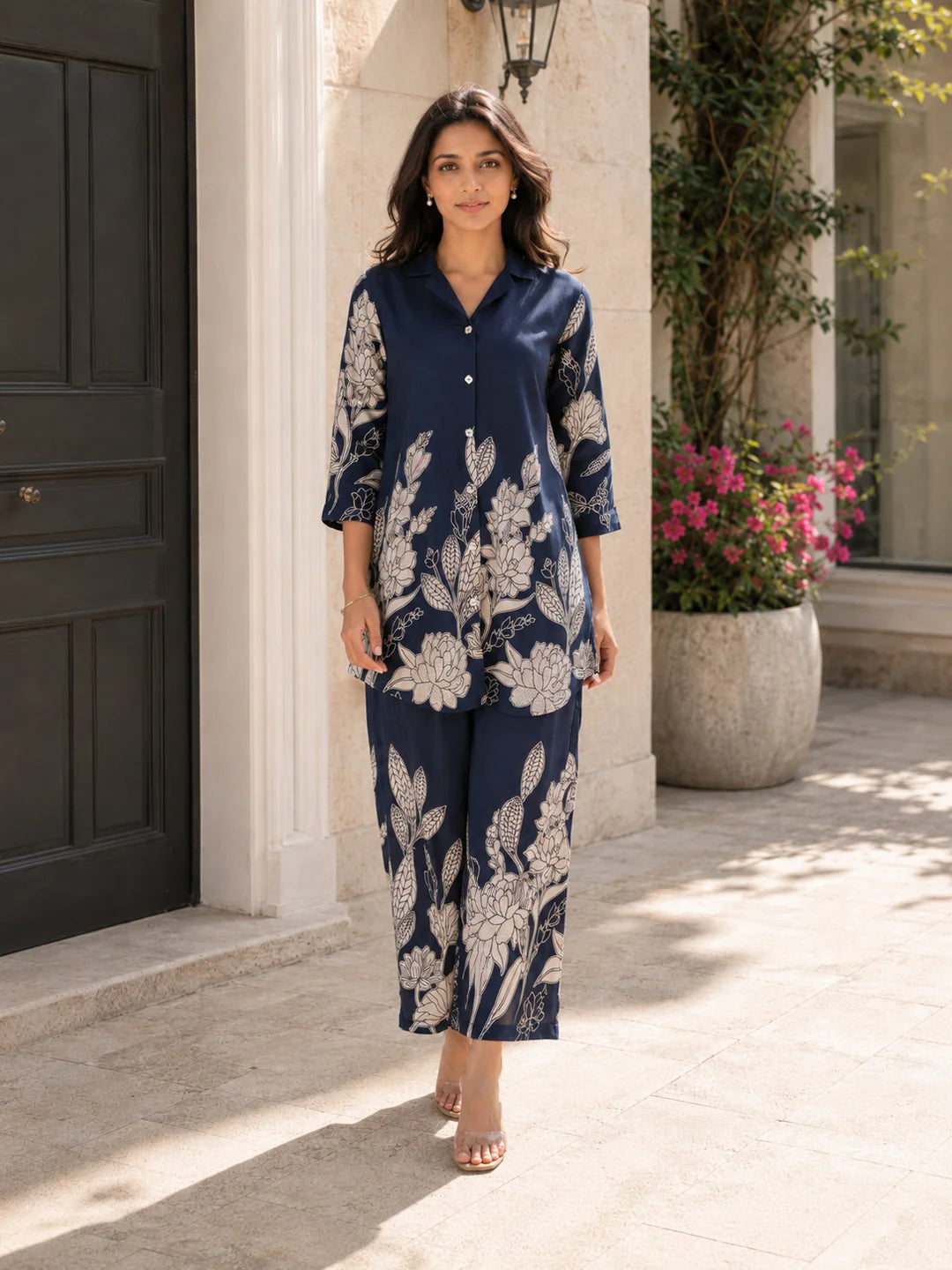 Royal Blue Floral Printed Russian Silk Co-Ord Set with Shell Button Embellishments
